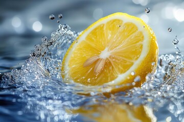 Lemon slice splashing in clear water, dynamic and refreshing.