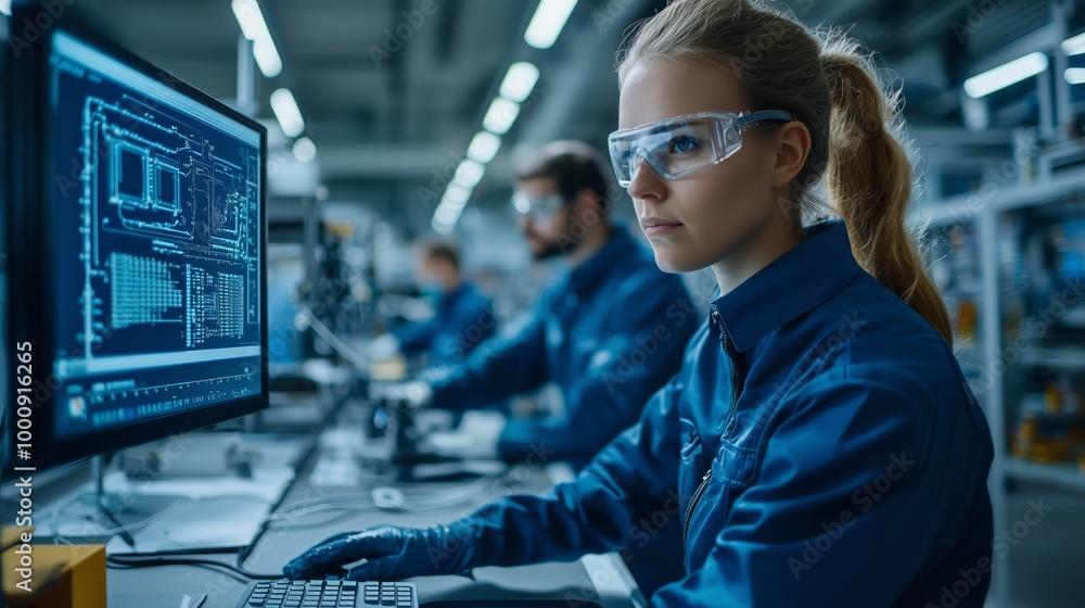 Poster engineers monitoring production in a high-tech environment