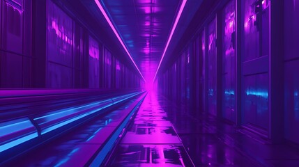 Fototapeta premium A futuristic hallway with glowing pink and blue neon lights.