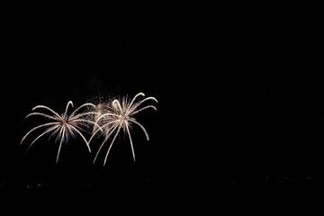 Fireworks show in the black sky. Flaming stars. Scharnhausen. Germany. Europe.