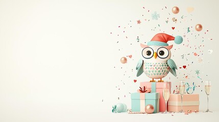 A clever owl wearing a festive hat, perched on a stack of champagne glasses, surrounded by colorful streamers and ample space for text
