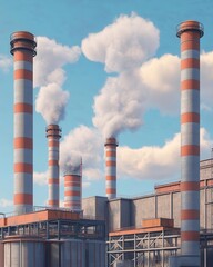 Industrial smokestacks emitting clouds against a clear sky.