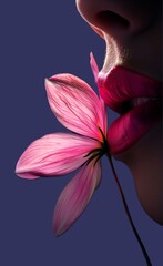 A close-up photography of pink lips touching flower, light passes through the petals, dark background, creative artistic photography.