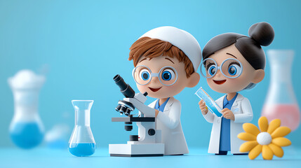 Two playful children in lab coats engaged in a fun science experiment with a microscope and colorful lab equipment.