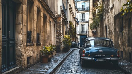 A classic car drives down a narrow street in Paris, France.
