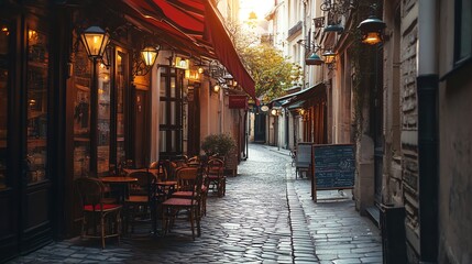 Fototapeta premium A narrow cobblestone street in Paris with cafes and streetlights.