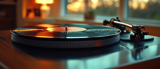 Obraz premium A classic vinyl record spinning on a turntable, the essence of vintage music and retro audio experiences.