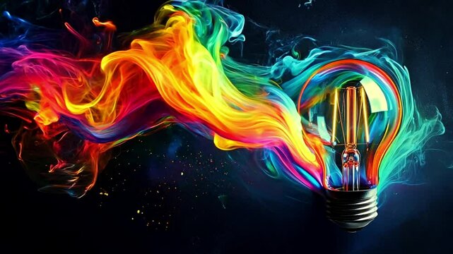 Creative colored light bulb explosion with shards and paint, a creative idea. Think different, concept. Business, ideas and the discovery of new technology 4k video