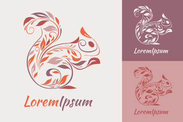 Squirrel logo with decorative leaves ornament, organic natural style logo can be used as logotype, icon, template in web and print