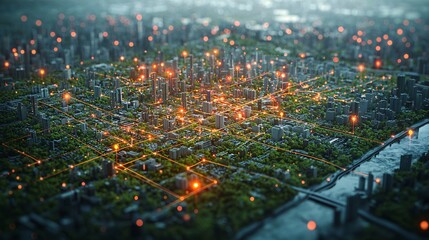 A conceptual rendering of a citys transportation grid, with location pins marking key areas and connections