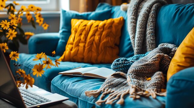 A blue couch with yellow flowers and a soft wool covering sits a computer on it