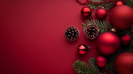 A red background with a bunch of red Christmas ornaments