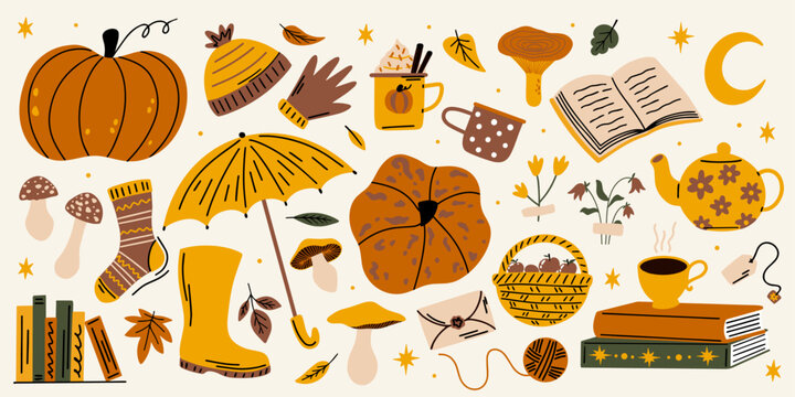 Title: Cozy autumn vibes vector illustration set, cute pumpkin, mushrooms, tea, coffee, umbrella, hat, gloves, fall leaves, aesthetic sticker elements collection in cartoon, retro, groovy style