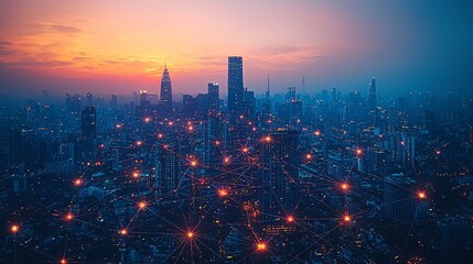 Fototapeta premium A futuristic city with transparent location pins connected by fine lines hovering over an industrial skyline