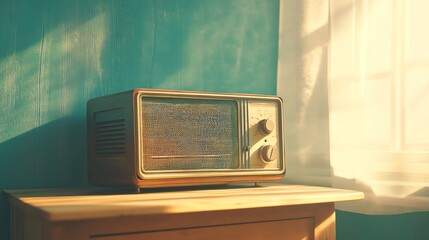 An old radio sits on a wooden table next to a window.