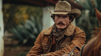 Fototapeta premium A handsome man with a mustache wearing a brown jacket and cowboy hat, sitting on horseback in the countryside of rural Mexico