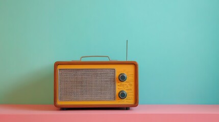 Obraz premium Vintage radio on a pink and turquoise background.