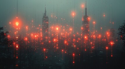 Fototapeta premium An urban layout with conceptual, floating location pins connected like neural pathways, beneath a dull sky