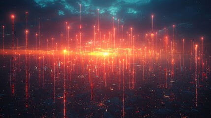 Fototapeta premium A conceptual rendering of a dense city grid with glowing pins floating above key landmarks, with soft light trails