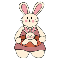 Vector illustration of flat cartoon character cute bunny rabbit hare momma holding her cute little kid