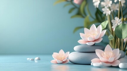 Lotus flowers and stones on serene blue background
