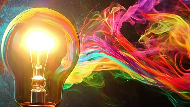Creative colored light bulb explosion with shards and paint, a creative idea. Think different, concept. Business, ideas and the discovery of new technology 4k video