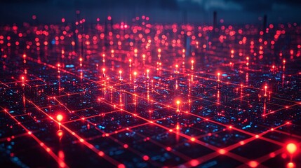 An abstract futuristic cityscape where floating pins are connected by a neon network of pathways