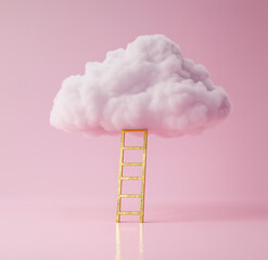 A series of whimsical cloud compositions with golden ladders reaching into soft, fluffy clouds, evoking dreams, ambitions, and surreal landscapes in pastel hues.
