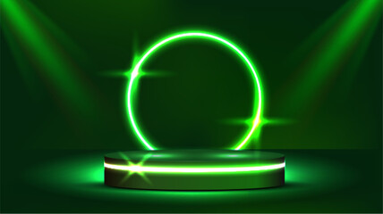 Theme product display podium neon laser green cyber background. Vector.