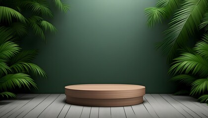 Lush Green Jungle Leaves Surrounding Rustic Wood Plinth for Product Showcase