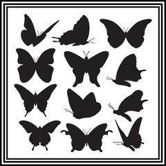 Black silhouette set of butterfly isolated on white background. 
