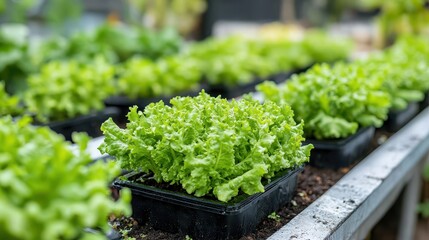 A row of potted plants with green leaves sit on a table