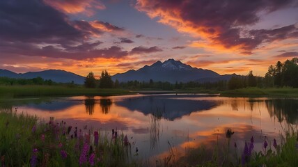 Beautiful sunset over the lake with mountains in the background, showcasing colorful clouds in the sky, and a peaceful water reflection of the mountains, creating a stunning sunset panorama