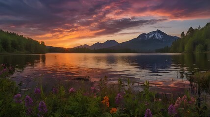 Obraz premium Beautiful sunset over the lake with mountains in the background, showcasing colorful clouds in the sky, and a peaceful water reflection of the mountains, creating a stunning sunset panorama