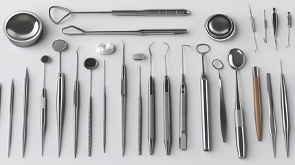A Close-Up View of a Variety of Shiny Dental Instruments on a White Background, Highlighting the Precision and Detail of Each Tool Used in Oral Care Procedures.