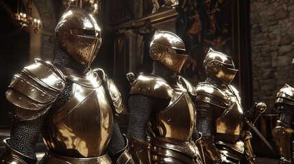 The image displays a group of knights dressed in shining, golden armor, standing side by side. The intricate and polished metal surface of their armor is highly reflective, giving off a majestic glow.