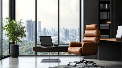 Fototapeta premium A modern office with a city view, featuring a desk, laptop, and a brown leather chair.