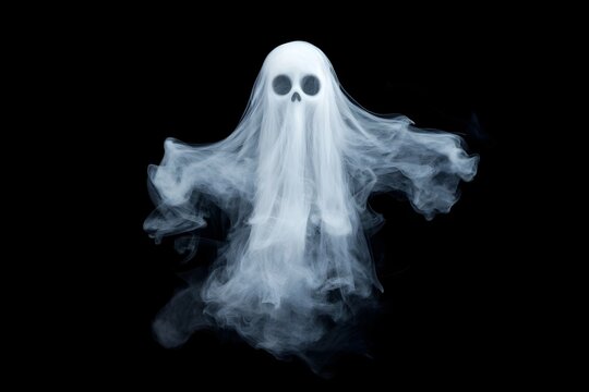 wide shot of a thin layer of smoke in the shape of a flying haunting ghost with a ghostly face on a dark black background  This conceptual and atmospheric image has a spooky mysterious