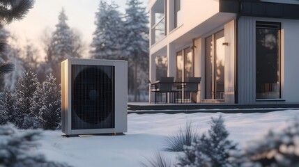 The air source heat pump is placed in front of the house, in a winter scene