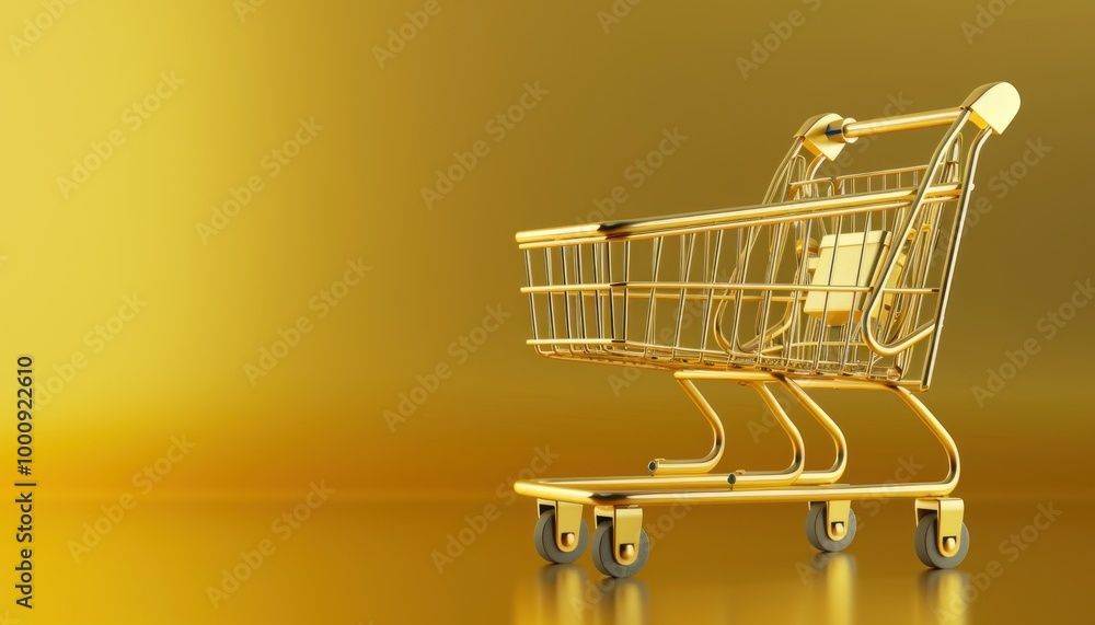 Wall mural golden shopping cart on yellow background