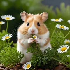 Fototapeta premium Adorable hamster holding a daisy surrounded by green foliage in a tranquil setting