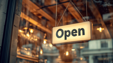 Obraz premium Rustic wooden “Open” signs hang invitingly on shop doors with a soft focus on warm interiors, representing business hospitality and welcoming customers. 