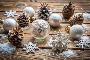 Fototapeta premium Snow-Dusted Christmas Ornaments on Weathered Wooden Table Background.