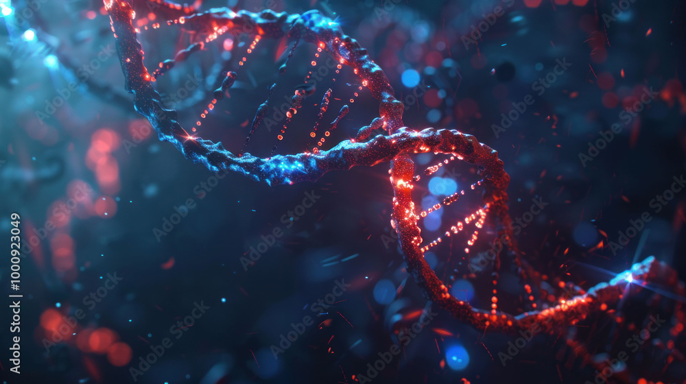 Aufkleber image showcases vibrant representation of DNA double helix, illuminated with red and blue lights, creating captivating and dynamic visual effect. This depiction emphasizes complexity and beauty of