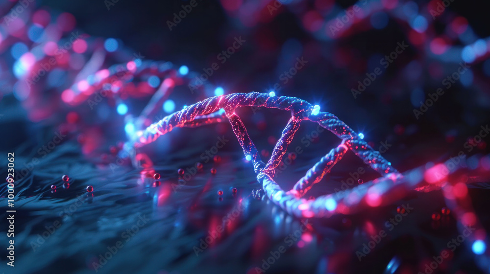 Poster vibrant representation of dna strands illuminated with blue and red lights, showcasing intricate str
