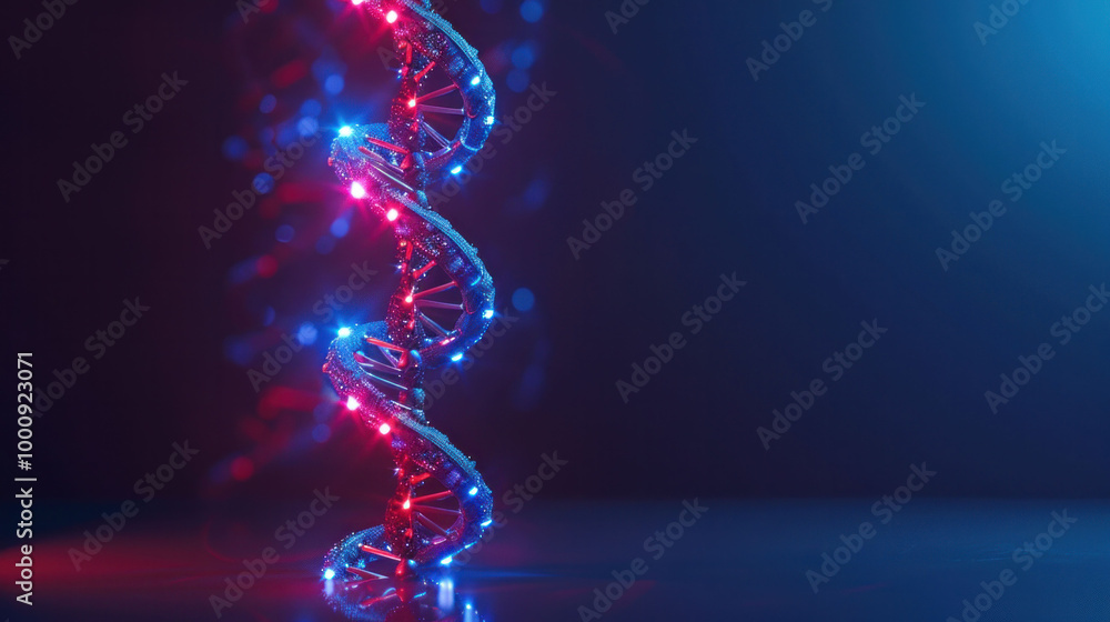 Poster vibrant DNA double helix structure illuminated with red and blue lights, symbolizing genetic research and biotechnology. glowing strands create captivating visual effect