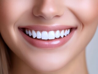 Obraz premium Close-up of a woman's perfect smile, showcasing pearly white teeth, and highlighting the results of a successful smile makeover, ideal for dentistry, orthodontics, cosmetic dentistry