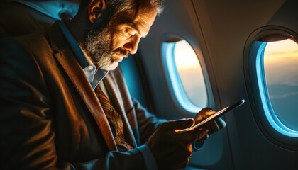 Businessman working on tablet during flight at sunset