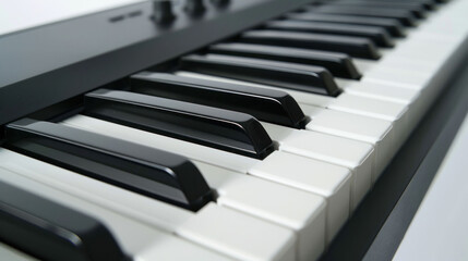 Naklejka premium close up view of piano keyboard showcasing black and white keys, highlighting elegant design and craftsmanship of instrument. image evokes sense of musical creativity and inspiration