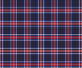 Plaid, blue, red, white, elegant, seamless, distinctive fabric pattern for textiles, and for designing clothes, skirts, pants or decorative fabrics. Vector illustration.